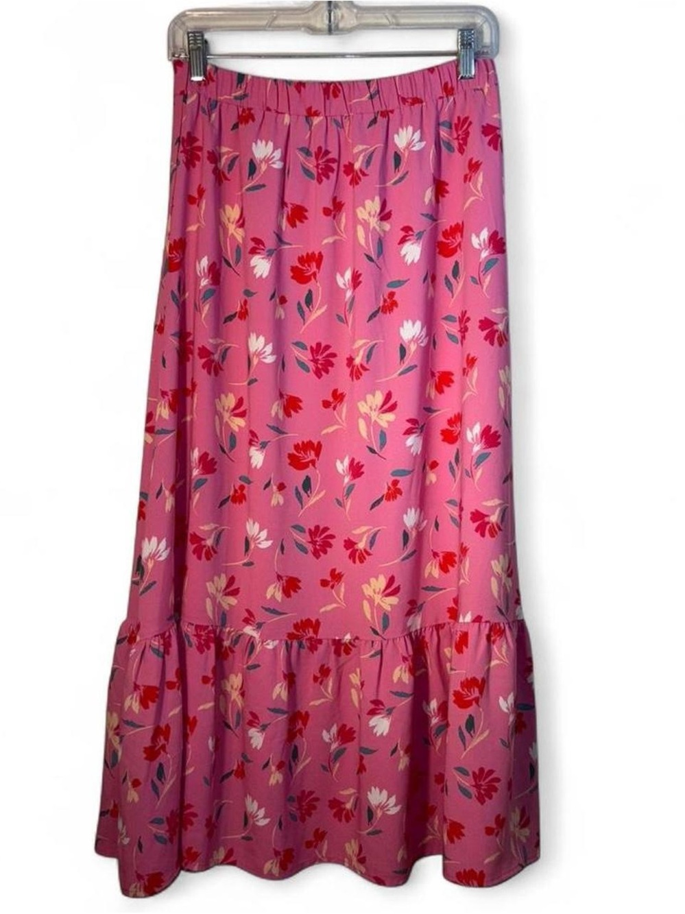 LOFT Pink Floral Ruffle-Hem Maxi Skirt